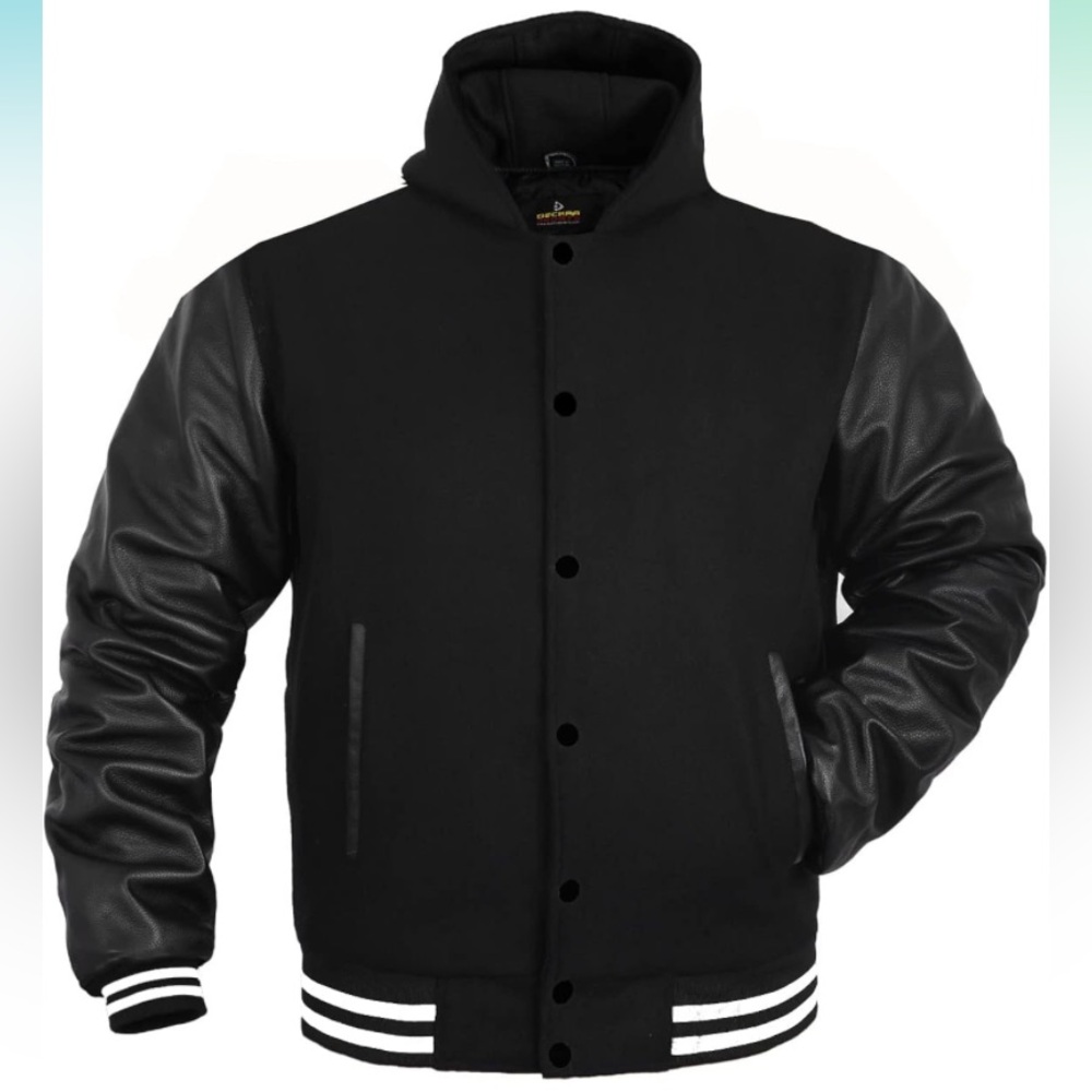 Men's Varsity Style Hoodie Black White Trim Wool Blend Leather Arms
